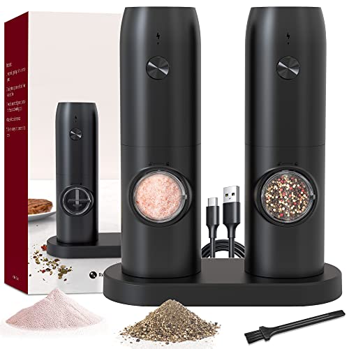 Electric Salt and Pepper Grinder Set of 2, Automatic Pepper Mill,USB Rechargeable, Adjustable Coarseness, One-handed Operation, Ceramic Burr, Refillable, Auto Grinders with Charging Base LED Light