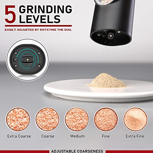 Electric Salt and Pepper Grinder Set of 2, Automatic Pepper Mill,USB Rechargeable, Adjustable Coarseness, One-handed Operation, Ceramic Burr, Refillable, Auto Grinders with Charging Base LED Light - Image 6